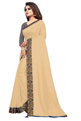 Beige Vichitra Silk Saree With Fancy Lace and jacuard Blouse Piece. 3