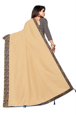 Beige Vichitra Silk Saree With Fancy Lace and jacuard Blouse Piece. 4