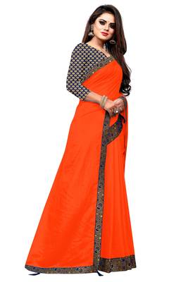 Orange Vichitra Silk saree With Fancy Lace and jacquard Blouse Piece. 2