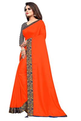 Orange Vichitra Silk saree With Fancy Lace and jacquard Blouse Piece. 3
