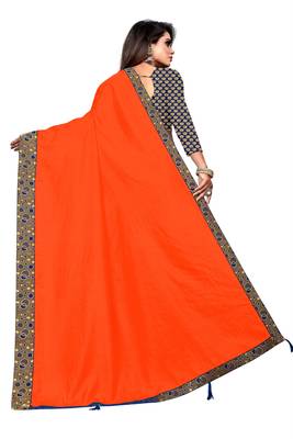 Orange Vichitra Silk saree With Fancy Lace and jacquard Blouse Piece. 4