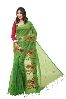 Green woven cotton silk saree with blouse 1