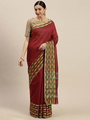 Kimisha Women's Linen Maroon Saree With Runing Blouse 1