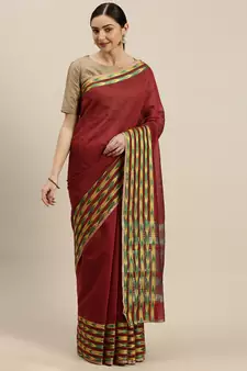 Kimisha Women's Linen Maroon Saree With Runing Blouse