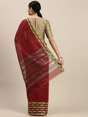 Kimisha Women's Linen Maroon Saree With Runing Blouse 2