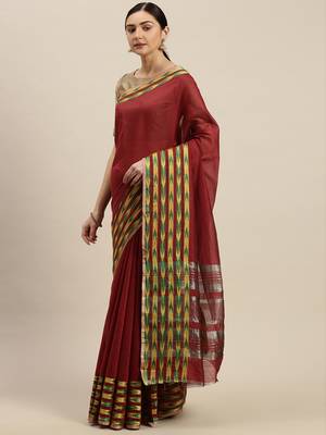 Kimisha Women's Linen Maroon Saree With Runing Blouse 4