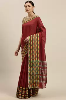 Kimisha Women's Linen Maroon Saree With Runing Blouse