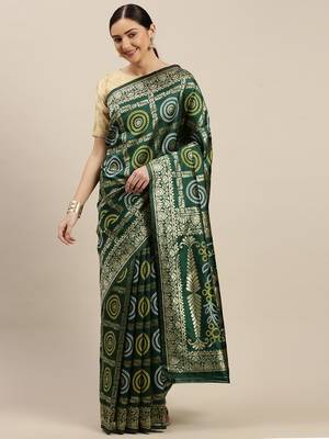 Kimisha Women's Dark Green silk blend Woven Design Saree With Unstitched Blouse 1