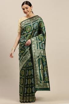 Kimisha Women's Dark Green Silk Woven Design Saree With Unstitched Blouse