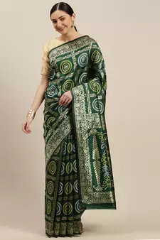 Kimisha Women's Dark Green Silk Woven Design Saree With Unstitched Blouse