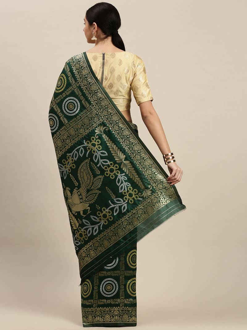 Kimisha Women's Dark Green Silk Woven Design Saree With Unstitched Blouse