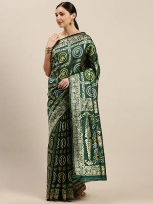 Kimisha Women's Dark Green silk blend Woven Design Saree With Unstitched Blouse 3