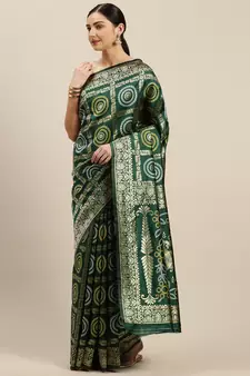 Kimisha Women's Dark Green silk blend Woven Design Saree With Unstitched Blouse