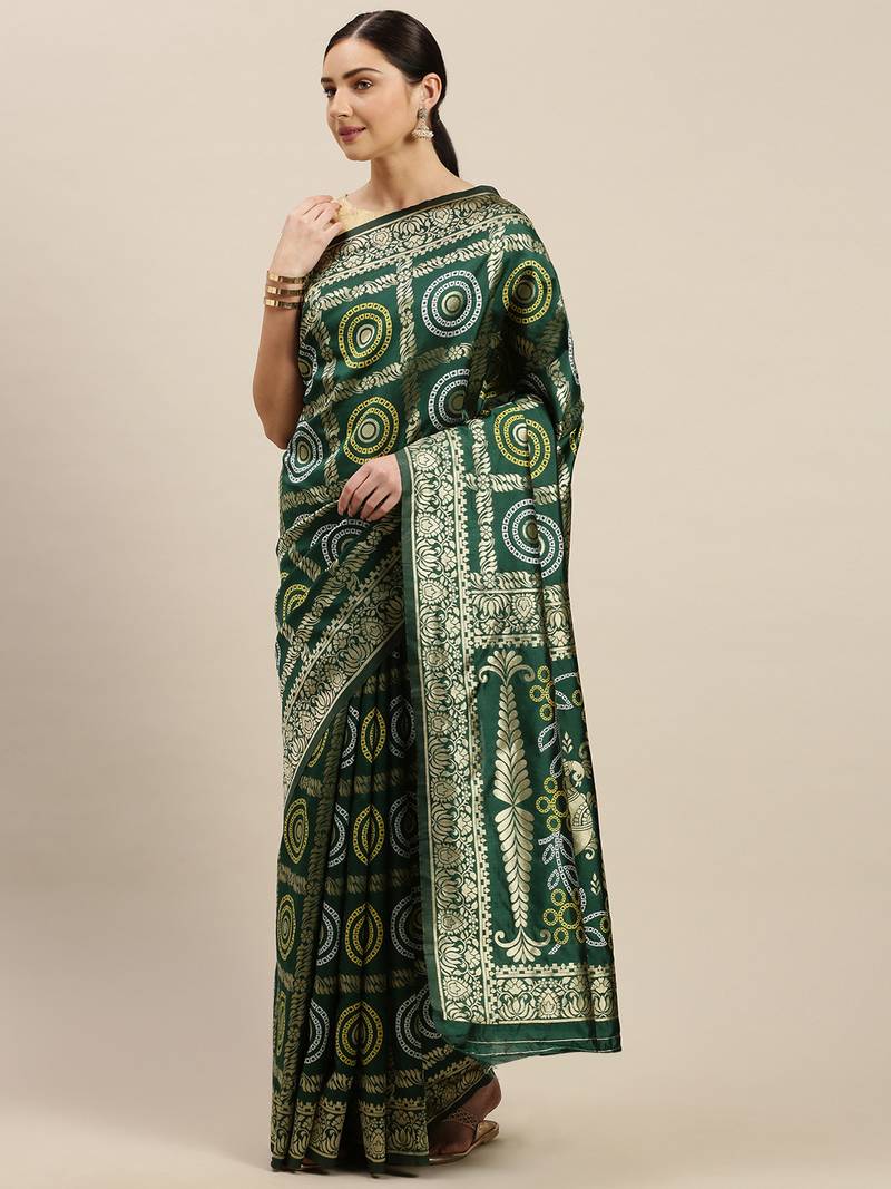 Kimisha Women's Dark Green Silk Woven Design Saree With Unstitched Blouse
