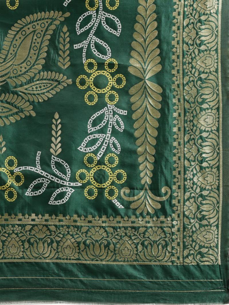 Kimisha Women's Dark Green Silk Woven Design Saree With Unstitched Blouse