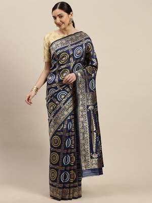 Kimisha Women's Navy Blue silk blend Woven Design Saree With Unstitched Blouse 1