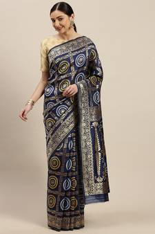 Kimisha Women's Navy Blue Silk Woven Design Saree With Unstitched Blouse