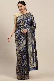 Kimisha Women's Navy Blue Silk Woven Design Saree With Unstitched Blouse