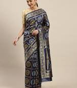 Kimisha Women's Navy Blue Silk Woven Design Saree With Unstitched Blouse
