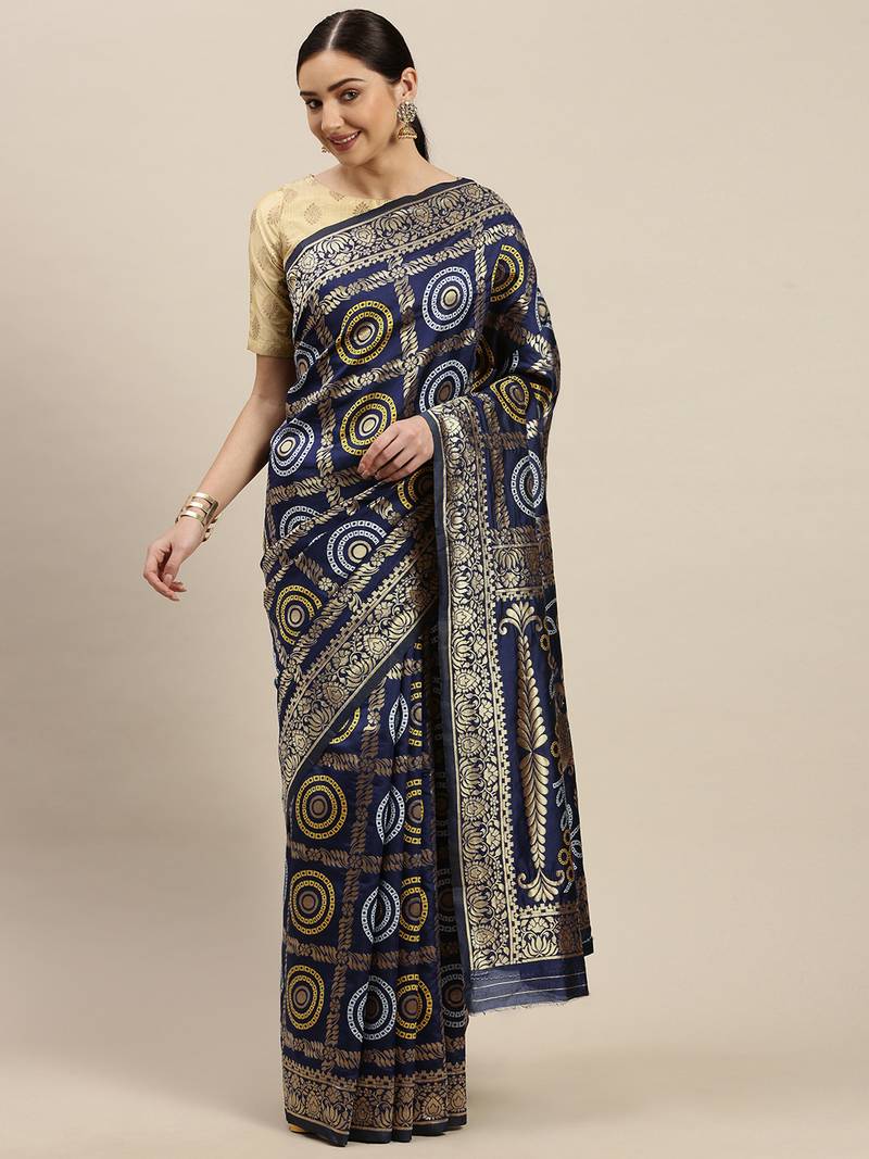 Kimisha Women's Navy Blue Silk Woven Design Saree With Unstitched Blouse