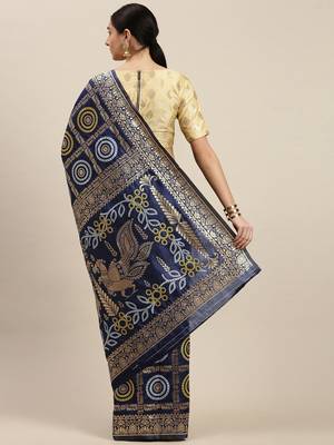 Kimisha Women's Navy Blue silk blend Woven Design Saree With Unstitched Blouse 2