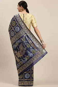 Kimisha Women's Navy Blue silk blend Woven Design Saree With Unstitched Blouse