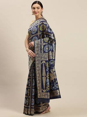 Kimisha Women's Navy Blue silk blend Woven Design Saree With Unstitched Blouse 3