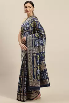 Kimisha Women's Navy Blue silk blend Woven Design Saree With Unstitched Blouse