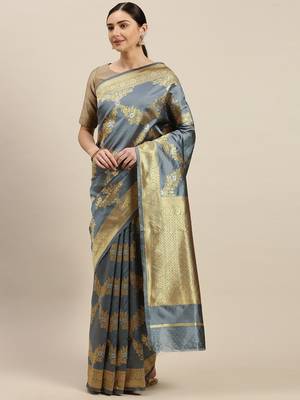 Women'S Grey silk blend Woven Design Saree With Unstitched Blouse 1