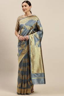 Women'S Grey Silk Woven Design Saree With Unstitched Blouse