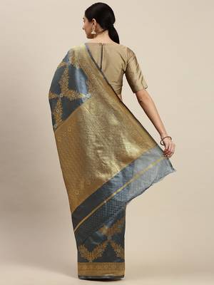 Women'S Grey silk blend Woven Design Saree With Unstitched Blouse 2