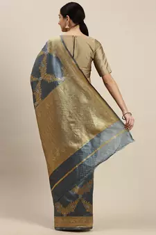 Women'S Grey silk blend Woven Design Saree With Unstitched Blouse