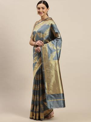 Women'S Grey silk blend Woven Design Saree With Unstitched Blouse 3