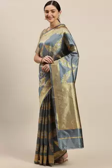 Women'S Grey silk blend Woven Design Saree With Unstitched Blouse