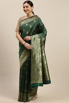 Women'S Dark Green Silk Woven Design Saree With Unstitched Blouse