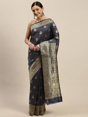 Women's Navy Blue silk blend Woven Design Saree With Unstitched Blouse 1