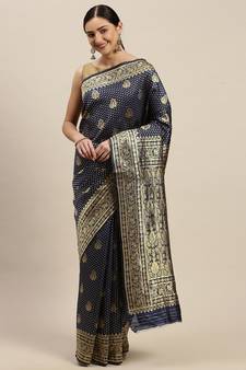 Women'S Navy Blue Silk Woven Design Saree With Unstitched Blouse