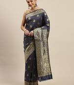 Women'S Navy Blue Silk Woven Design Saree With Unstitched Blouse