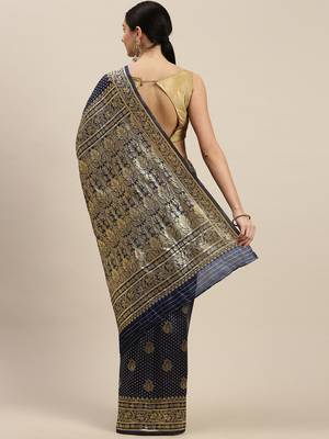 Women's Navy Blue silk blend Woven Design Saree With Unstitched Blouse 2