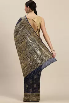 Women's Navy Blue silk blend Woven Design Saree With Unstitched Blouse