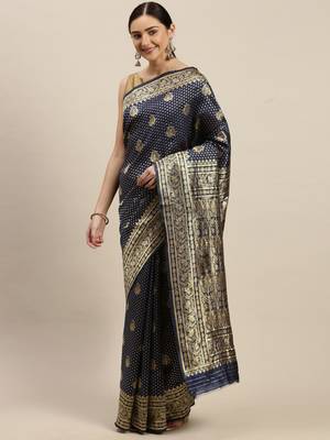 Women's Navy Blue silk blend Woven Design Saree With Unstitched Blouse 3