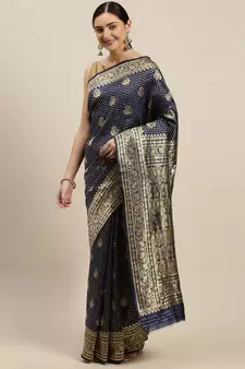 Women's Navy Blue silk blend Woven Design Saree With Unstitched Blouse