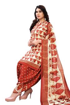 Orange Printed Polyester Unstitched Salwar  Kameez