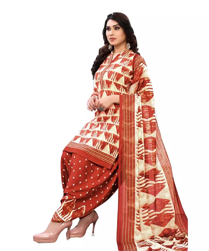 Orange Printed Polyester Unstitched Salwar  Kameez