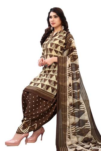 Brown Printed Polyester Unstitched Salwar  Kameez