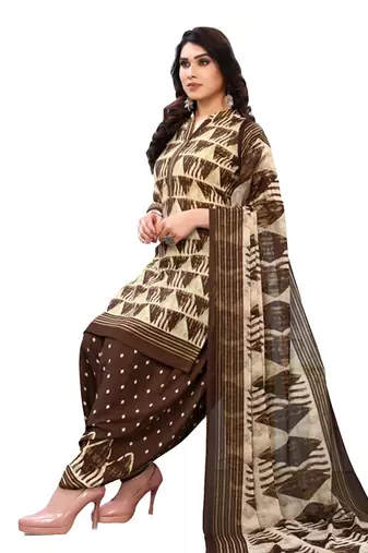 Brown Printed Polyester Unstitched Salwar  Kameez