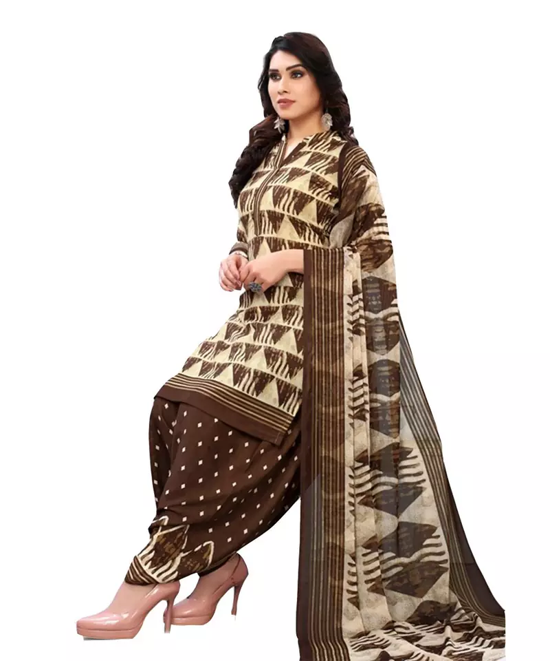 Brown Printed Polyester Unstitched Salwar  Kameez