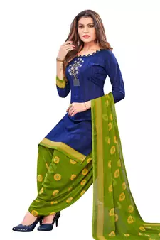 Blue Printed Polyester Unstitched Salwar  Kameez