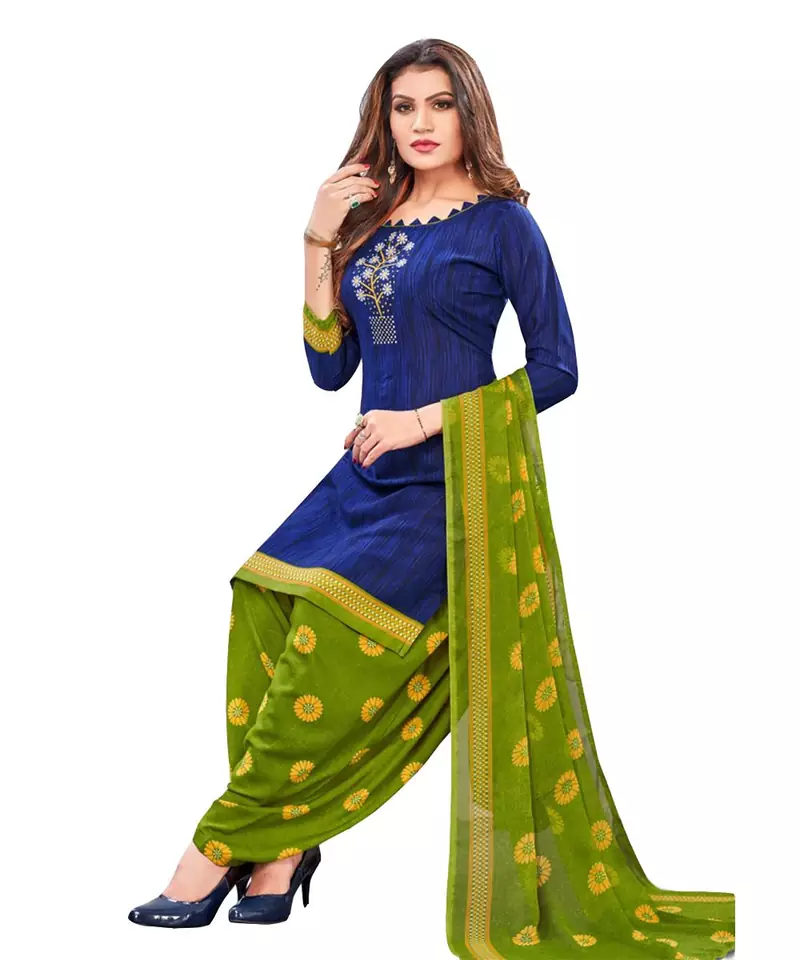 Blue Printed Polyester Unstitched Salwar  Kameez