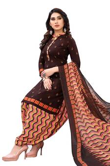 Brown Printed Polyester Unstitched Salwar  Kameez